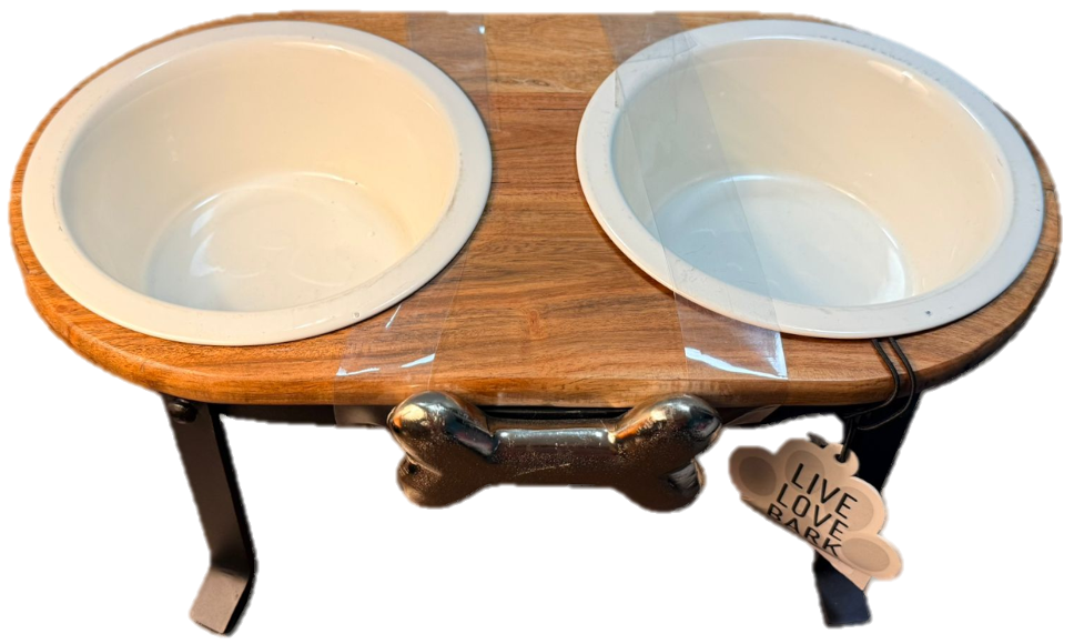 Bowl doble armazón madera y acero Live, Love, Bark
